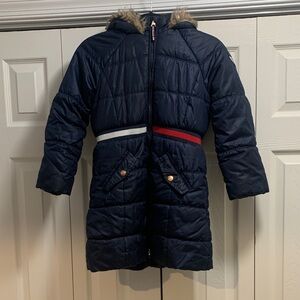 Tommy Hilfiger Kids Navy Puffer Coat with Red and White Stripes